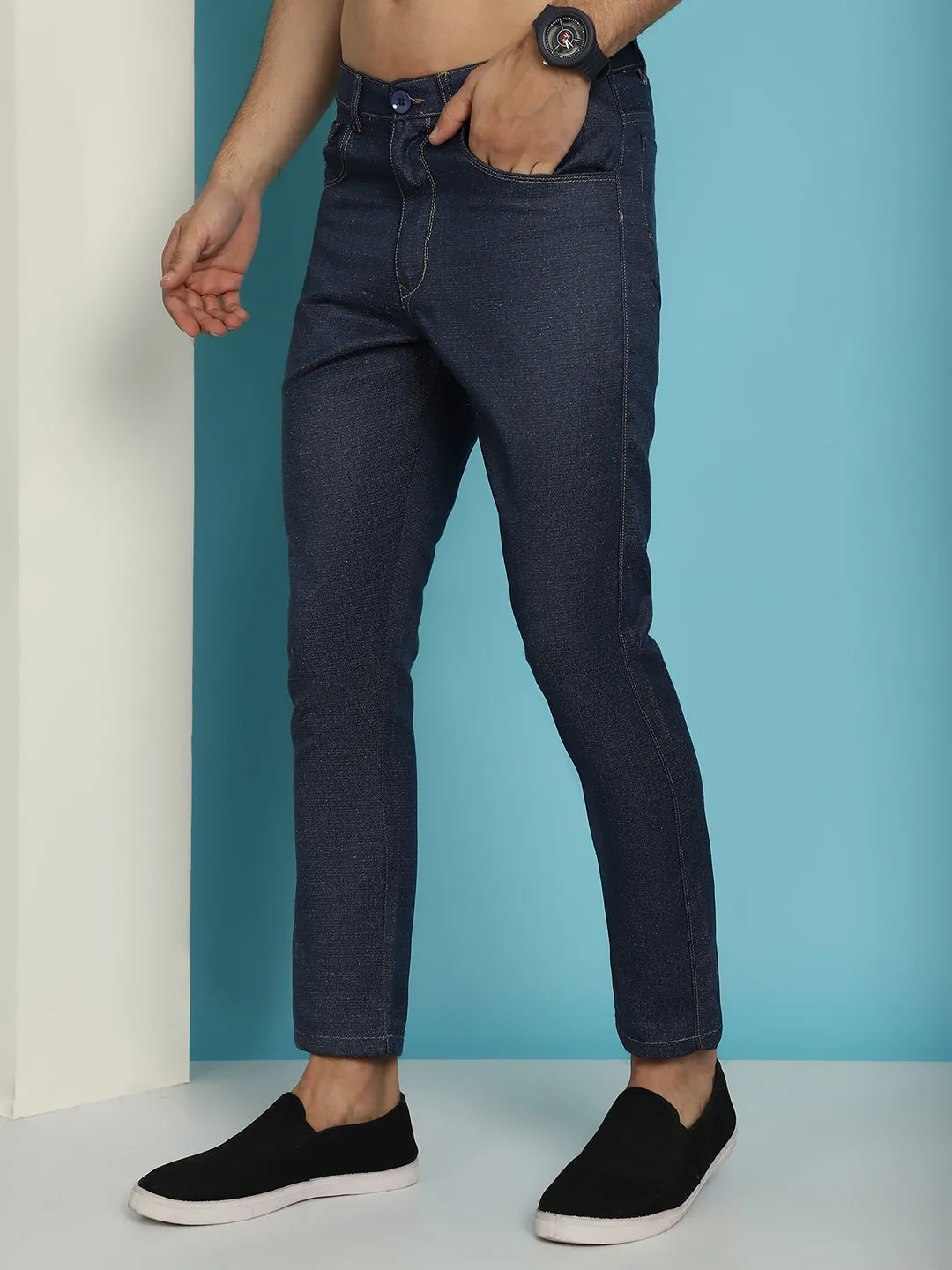Men'S Navy Blue Solid Cotton Casual Trouser