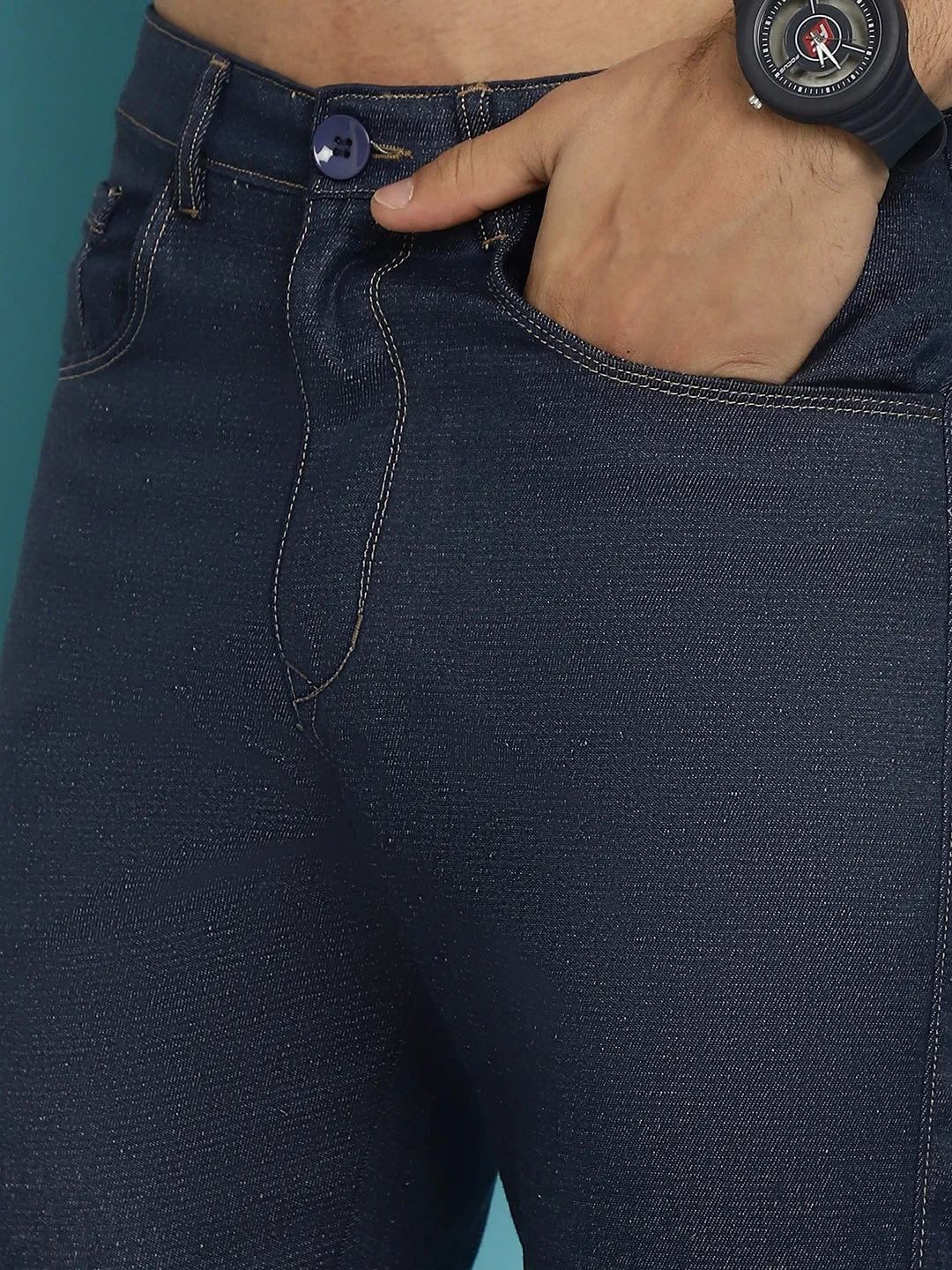Men'S Navy Blue Solid Cotton Casual Trouser