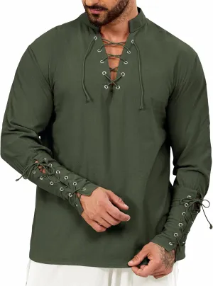 Mens Shirts Pirate Costume, Long Sleeve Tops Viking Cosplay Renaissance Medieval T-Shirts Gothic Cotton Outfits