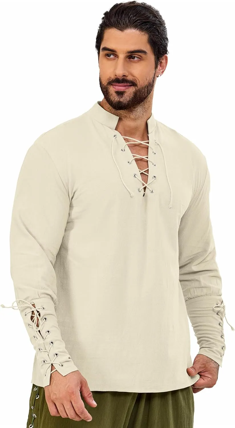 Mens Shirts Pirate Costume, Long Sleeve Tops Viking Cosplay Renaissance Medieval T-Shirts Gothic Cotton Outfits