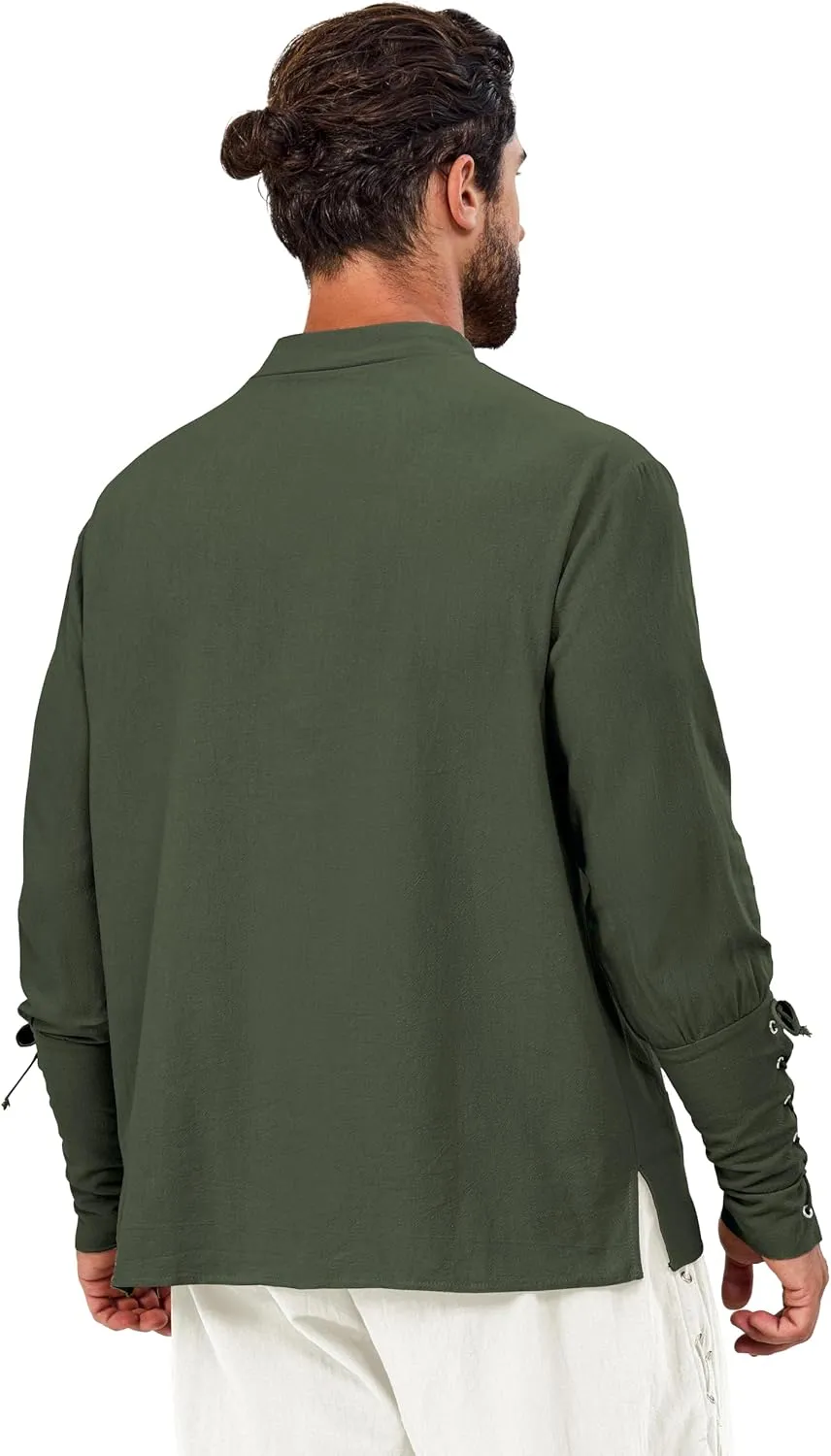 Mens Shirts Pirate Costume, Long Sleeve Tops Viking Cosplay Renaissance Medieval T-Shirts Gothic Cotton Outfits