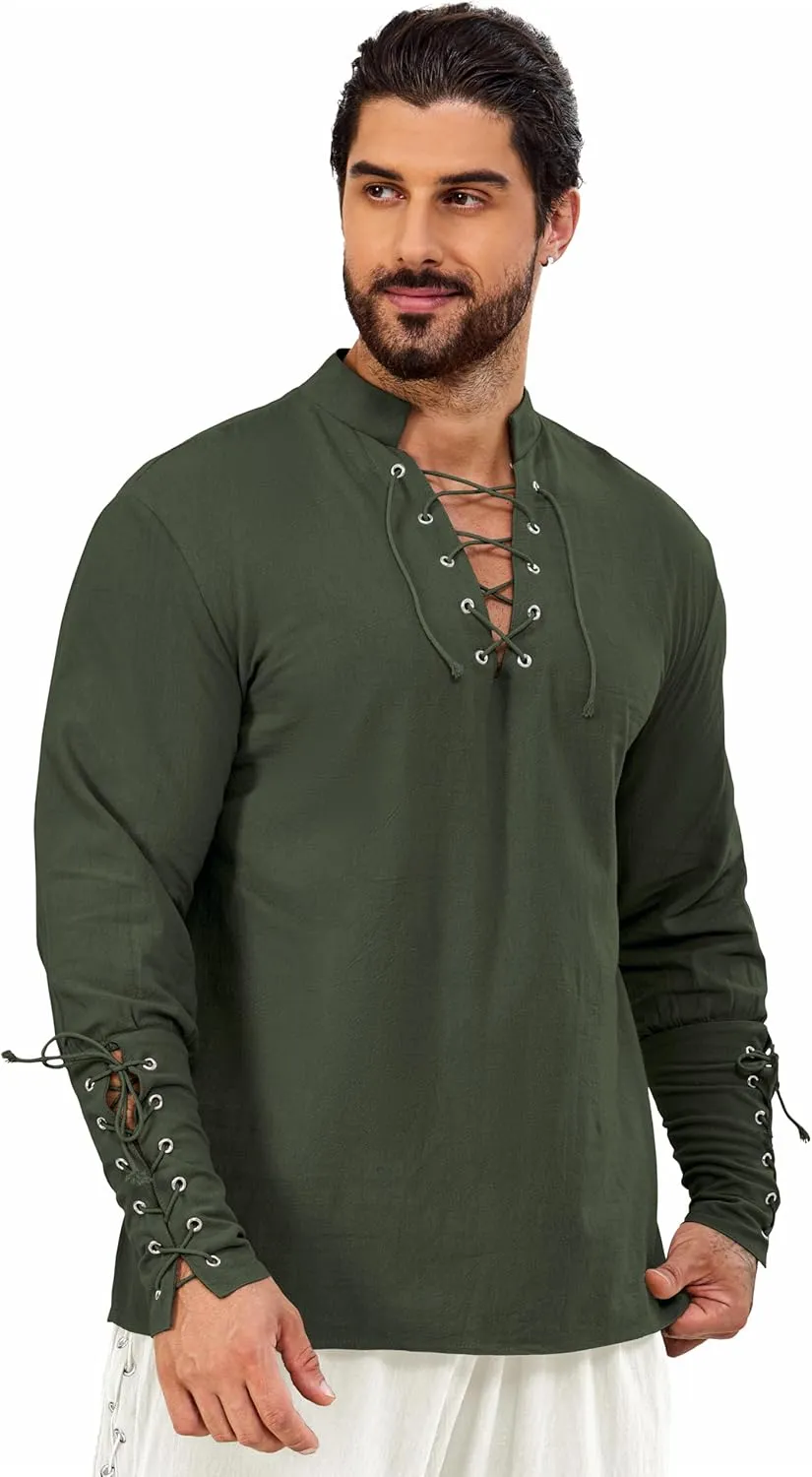 Mens Shirts Pirate Costume, Long Sleeve Tops Viking Cosplay Renaissance Medieval T-Shirts Gothic Cotton Outfits