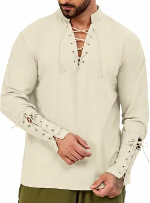 Mens Shirts Pirate Costume, Long Sleeve Tops Viking Cosplay Renaissance Medieval T-Shirts Gothic Cotton Outfits