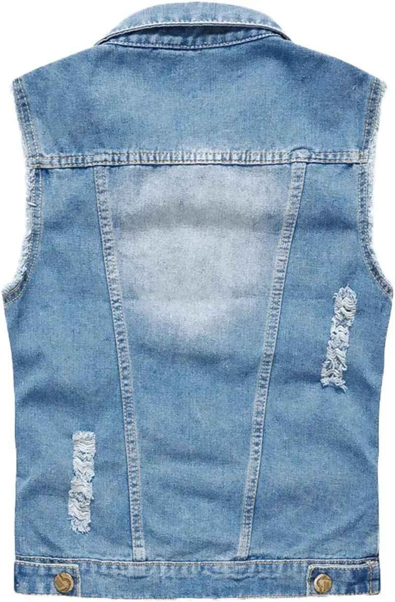 Men's Sleeveless Ripped Denim Vest Casual Slim Fit Button Down Jeans Vests Jacket