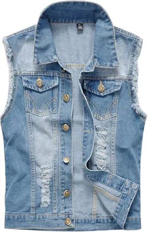 Men's Sleeveless Ripped Denim Vest Casual Slim Fit Button Down Jeans Vests Jacket