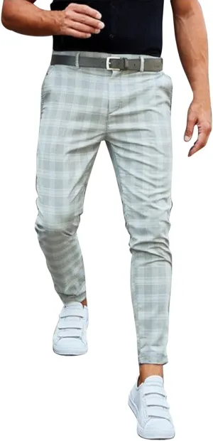Men's Slim Fit Plaid Dress Trousers Fashion Flat Front Checkered Chino Pants Big and Tall Stretch Skinny Work Trouser
