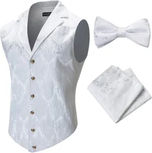 Mens Suit Vest Paisley Floral Victorian Vests Steampunk Gothic Waistcoat & bow tie Pocket Square