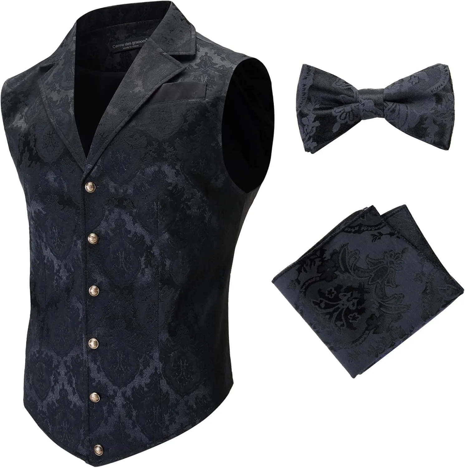 Mens Suit Vest Paisley Floral Victorian Vests Steampunk Gothic Waistcoat & bow tie Pocket Square