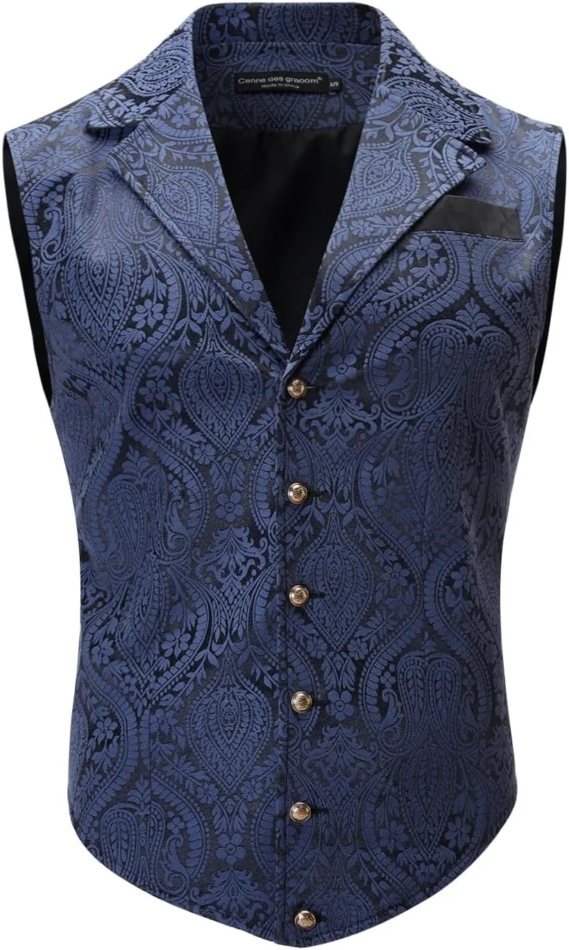 Mens Suit Vest Paisley Floral Victorian Vests Steampunk Gothic Waistcoat & bow tie Pocket Square