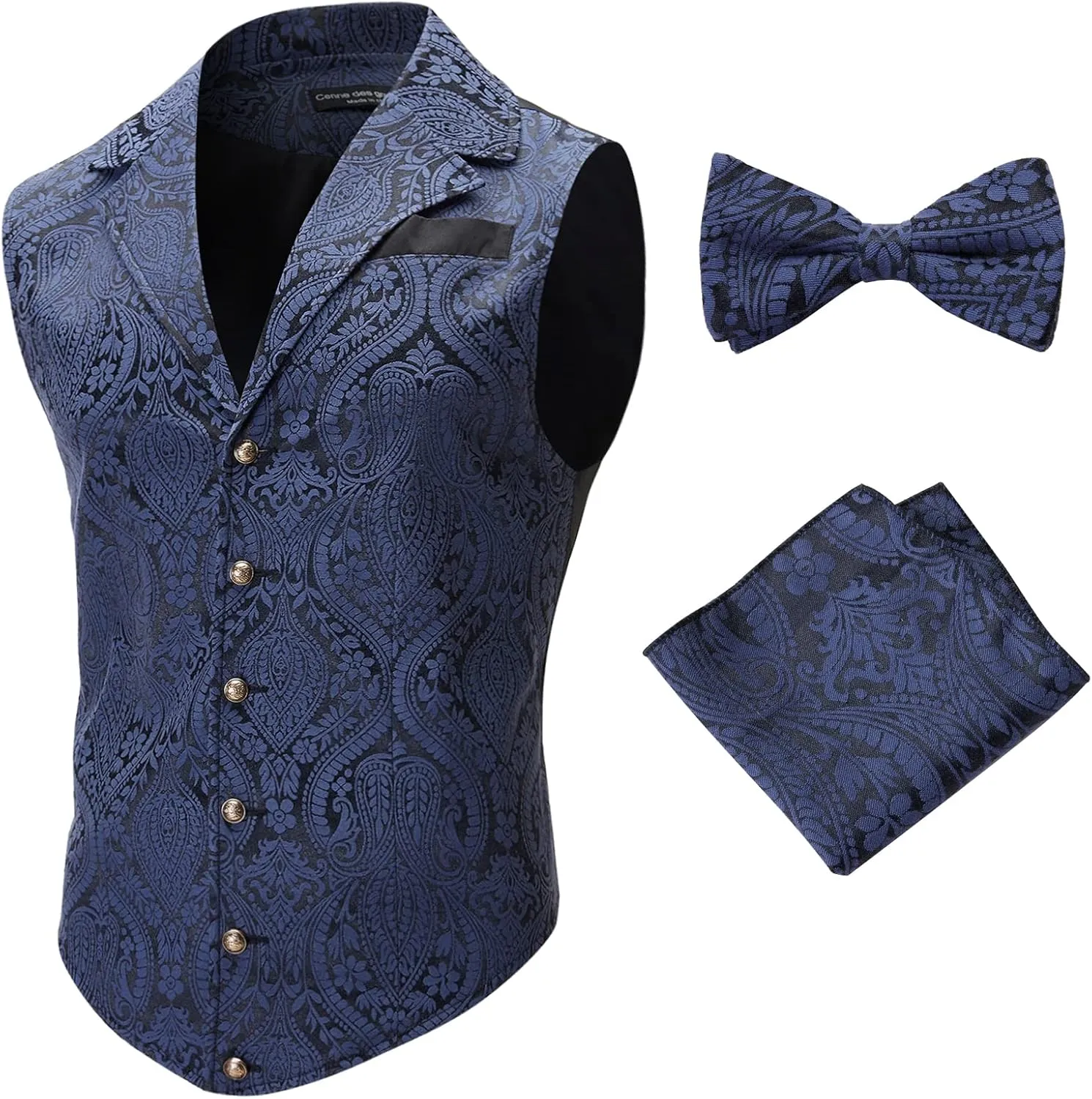 Mens Suit Vest Paisley Floral Victorian Vests Steampunk Gothic Waistcoat & bow tie Pocket Square
