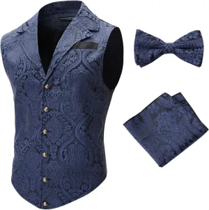 Mens Suit Vest Paisley Floral Victorian Vests Steampunk Gothic Waistcoat & bow tie Pocket Square