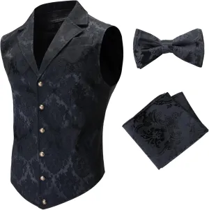 Mens Suit Vest Paisley Floral Victorian Vests Steampunk Gothic Waistcoat & bow tie Pocket Square