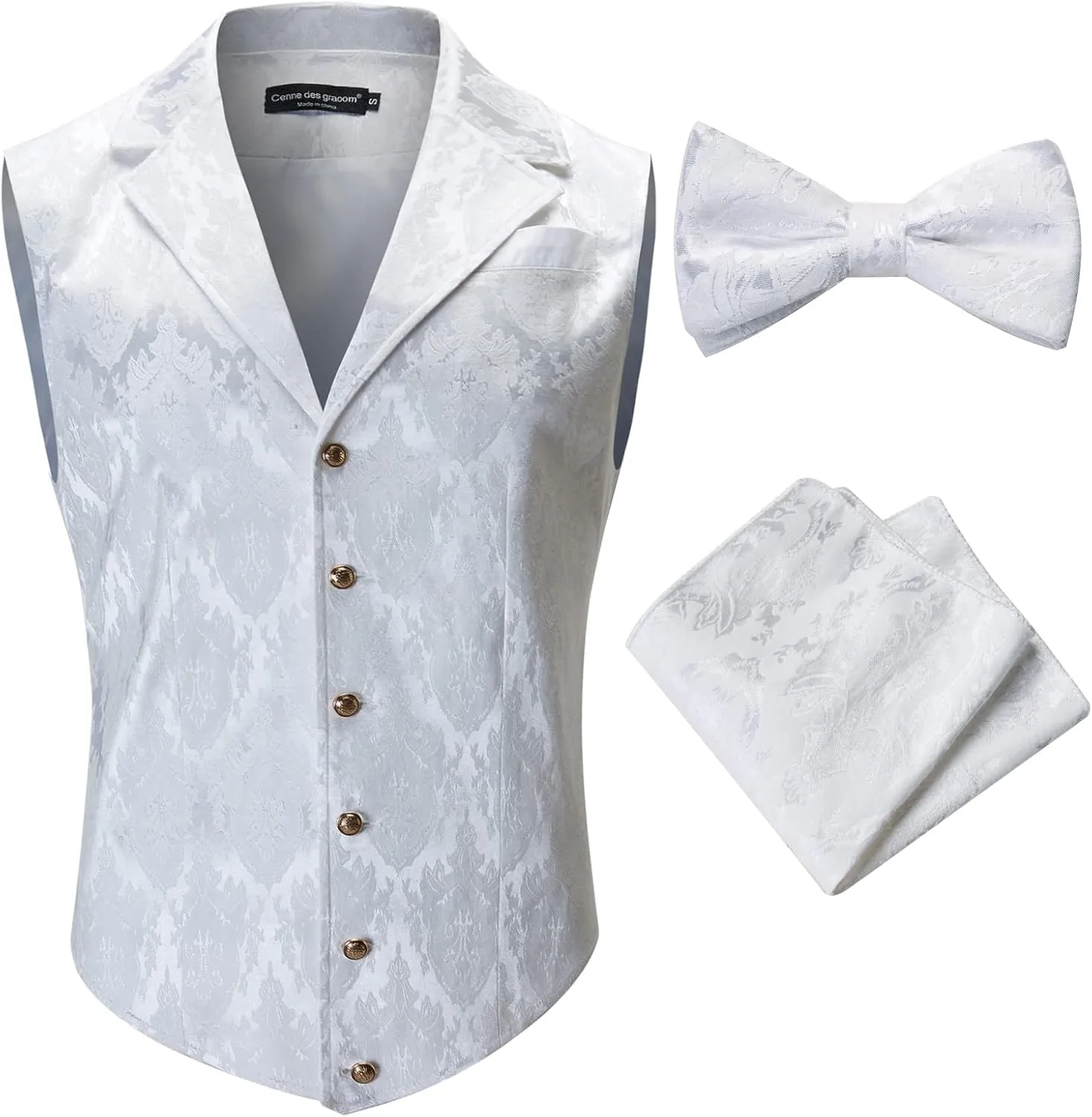 Mens Suit Vest Paisley Floral Victorian Vests Steampunk Gothic Waistcoat & bow tie Pocket Square