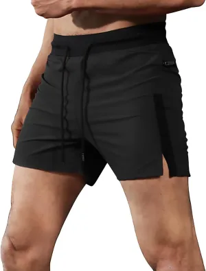 Mens Summer Workout Shorts with Zip Pocket Skinny Stretch Casual Running Shorts Elastic Waist Drawstring Slim Fit Beach Pants