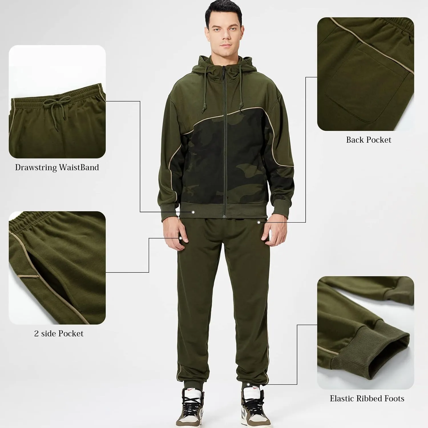 Mens Tracksuits Athletic Sports Hooded Jogger Pants Casual Full Zip Jogging Sweatsuit Running