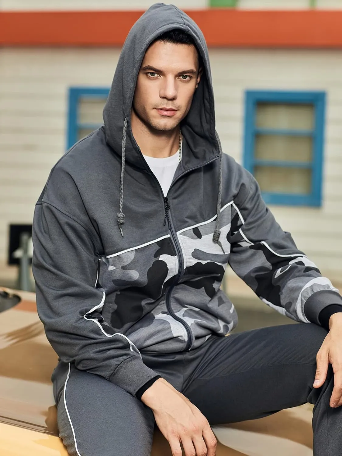 Mens Tracksuits Athletic Sports Hooded Jogger Pants Casual Full Zip Jogging Sweatsuit Running