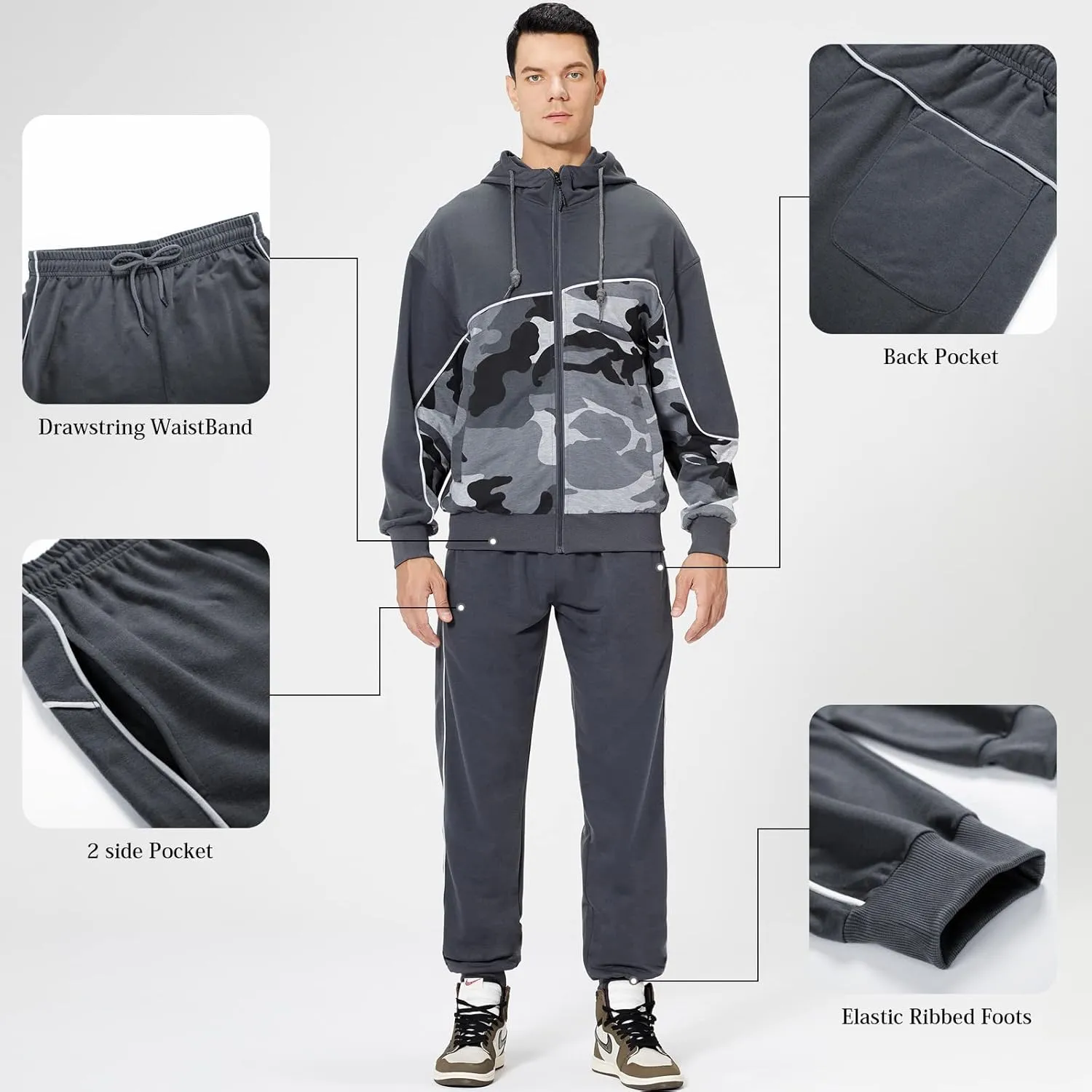 Mens Tracksuits Athletic Sports Hooded Jogger Pants Casual Full Zip Jogging Sweatsuit Running