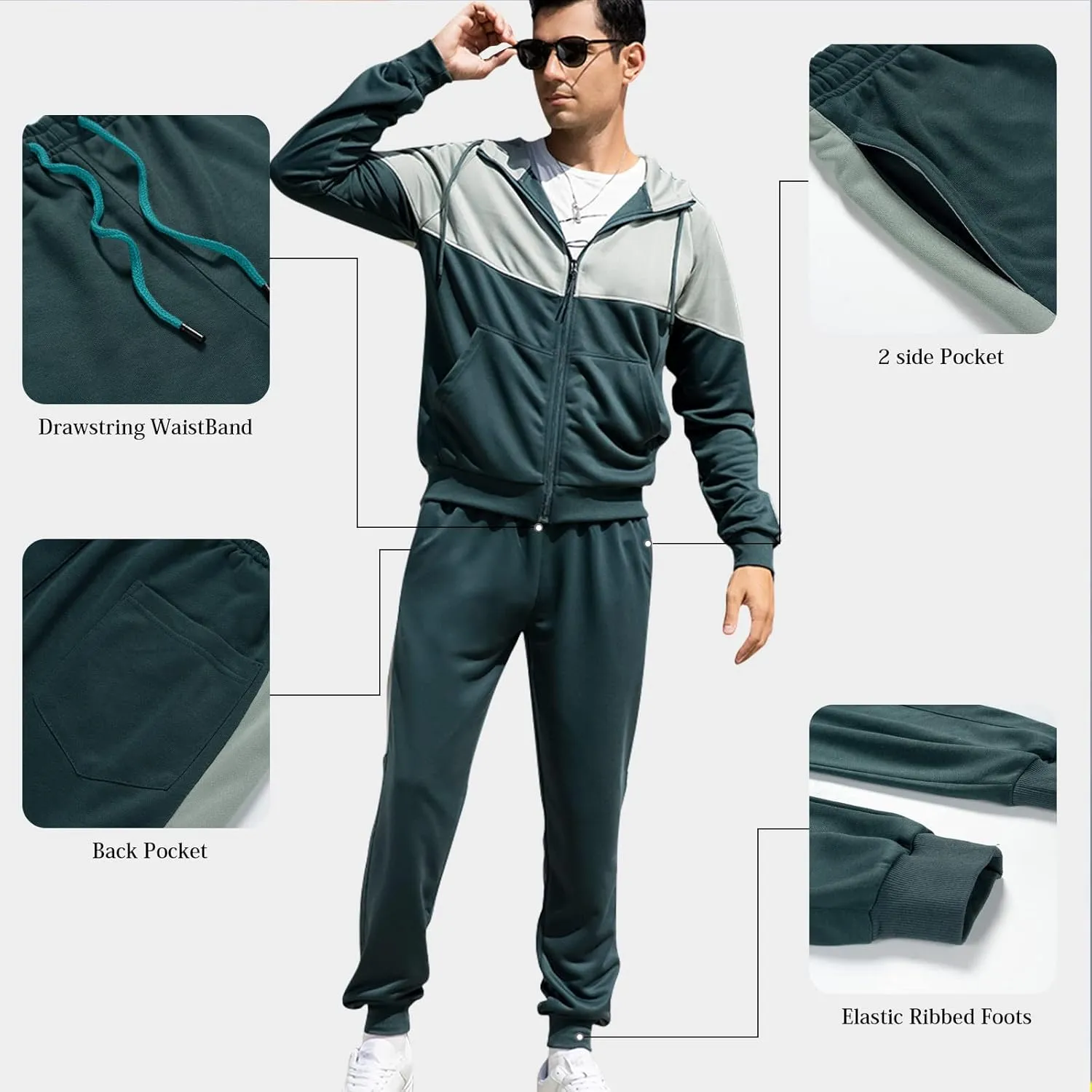 Mens Tracksuits Athletic Sports Hooded Jogger Pants Casual Full Zip Jogging Sweatsuit Running