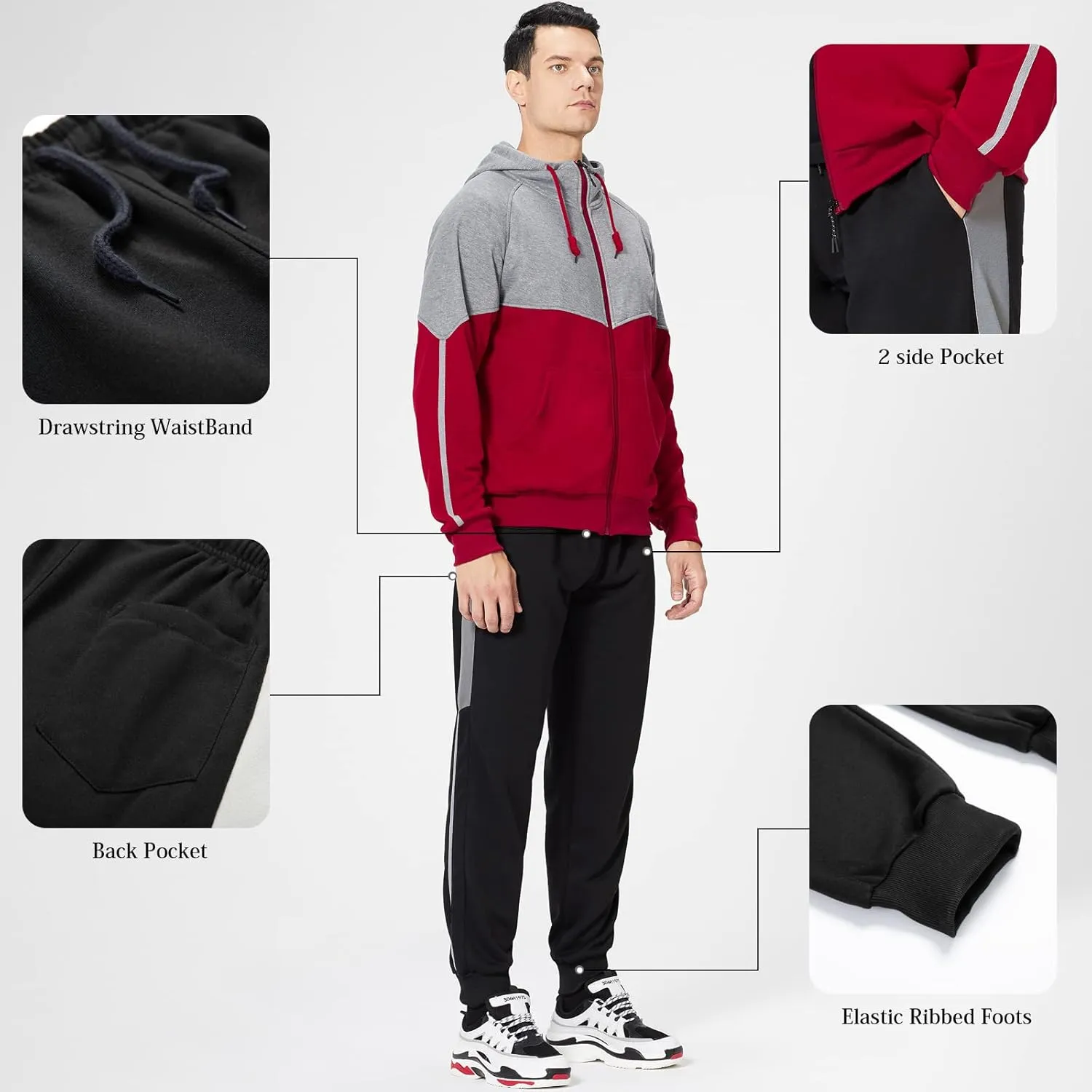Mens Tracksuits Athletic Sports Hooded Jogger Pants Casual Full Zip Jogging Sweatsuit Running