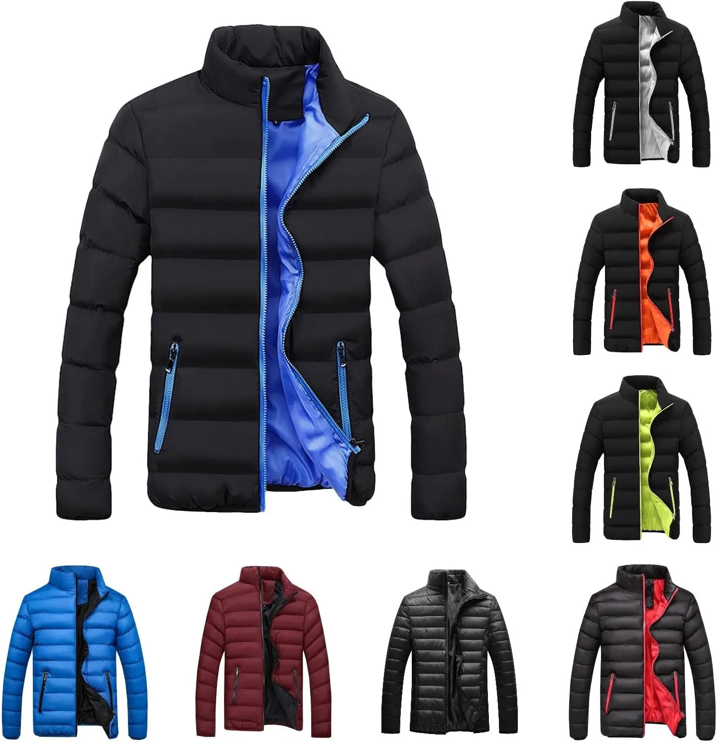 Mens Winter Puffer Jacket Full Zip Quilted Warm Packable Down Coats Lightweight Plus Size Puffy Stand Collar Jackets