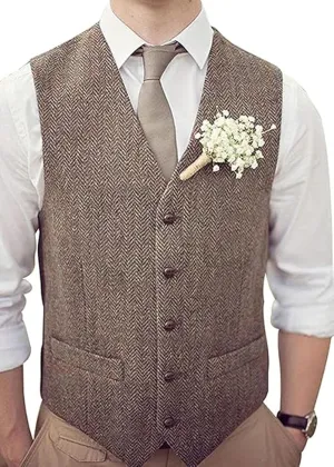 Men's Wool Herringbone Groom Vests Formal Groom's Wear Suit Tweed Vest Skinny Wedding Dress Waistcoat