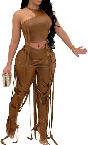MESLIMA Women's Bandage 2 Piece Elastic Irregular Tank Top Solid Lace Up Bodycon Split Long Pant Sets Clubwear