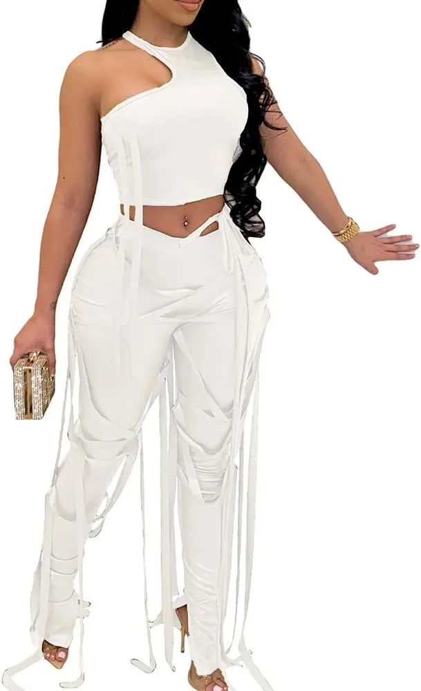 MESLIMA Women's Bandage 2 Piece Elastic Irregular Tank Top Solid Lace Up Bodycon Split Long Pant Sets Clubwear