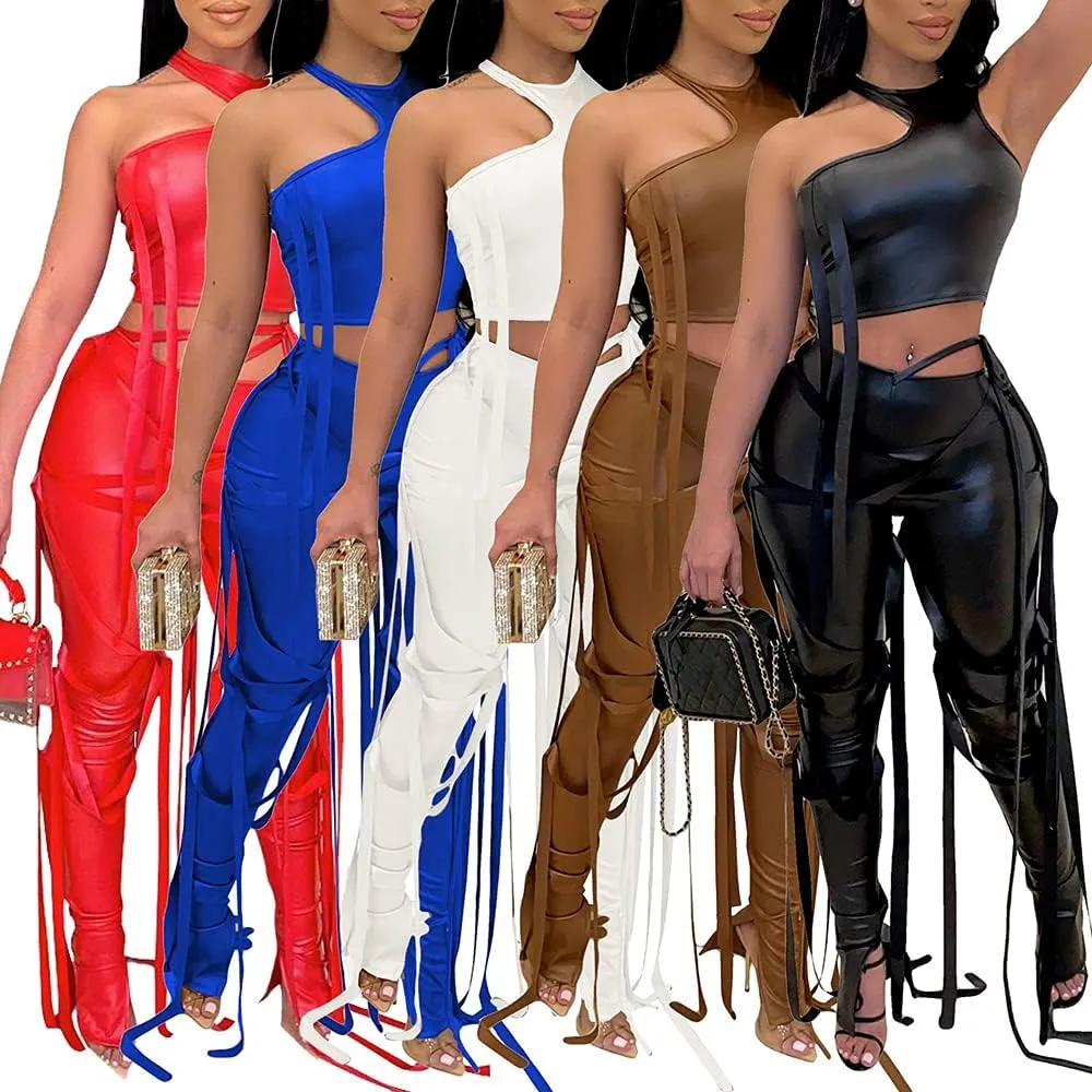 MESLIMA Women's Bandage 2 Piece Elastic Irregular Tank Top Solid Lace Up Bodycon Split Long Pant Sets Clubwear