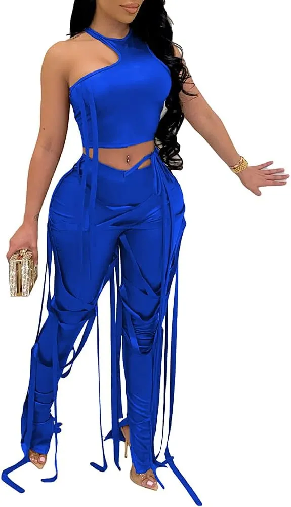 MESLIMA Women's Bandage 2 Piece Elastic Irregular Tank Top Solid Lace Up Bodycon Split Long Pant Sets Clubwear