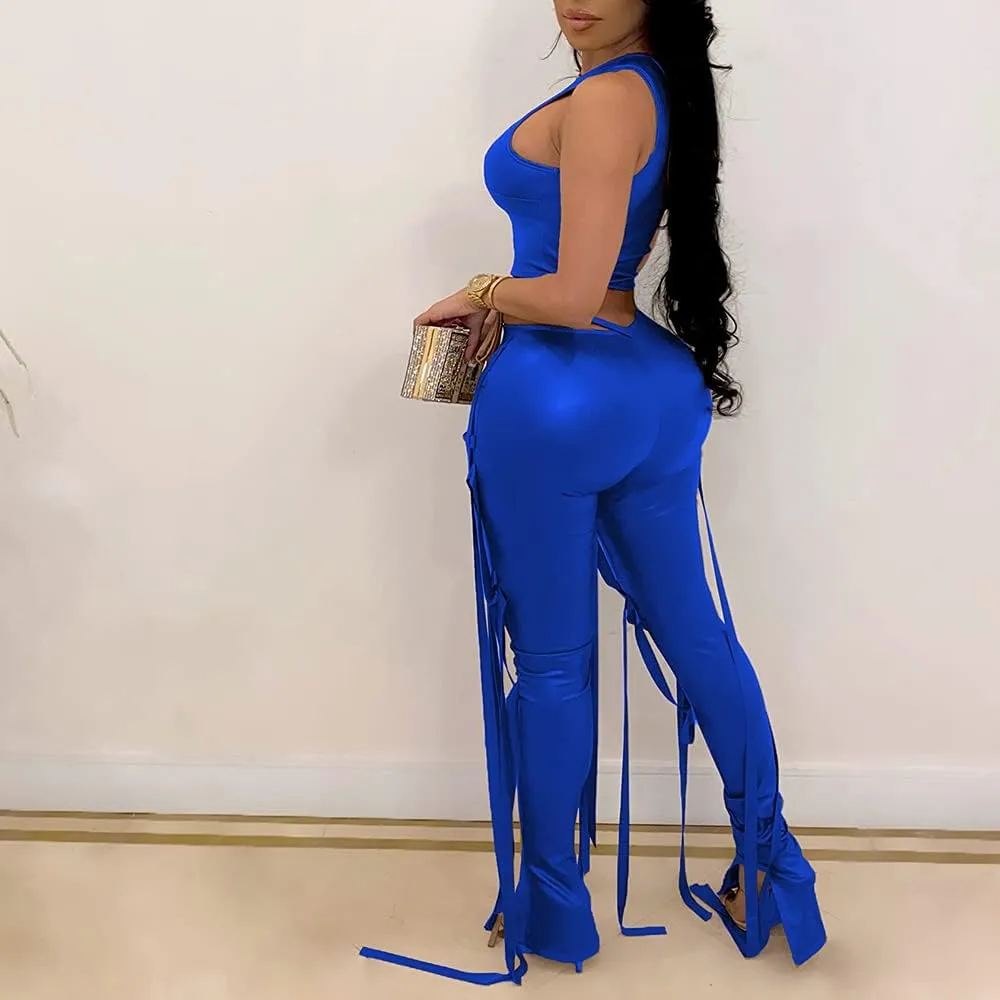 MESLIMA Women's Bandage 2 Piece Elastic Irregular Tank Top Solid Lace Up Bodycon Split Long Pant Sets Clubwear