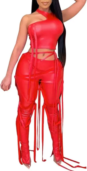 MESLIMA Women's Bandage 2 Piece Elastic Irregular Tank Top Solid Lace Up Bodycon Split Long Pant Sets Clubwear