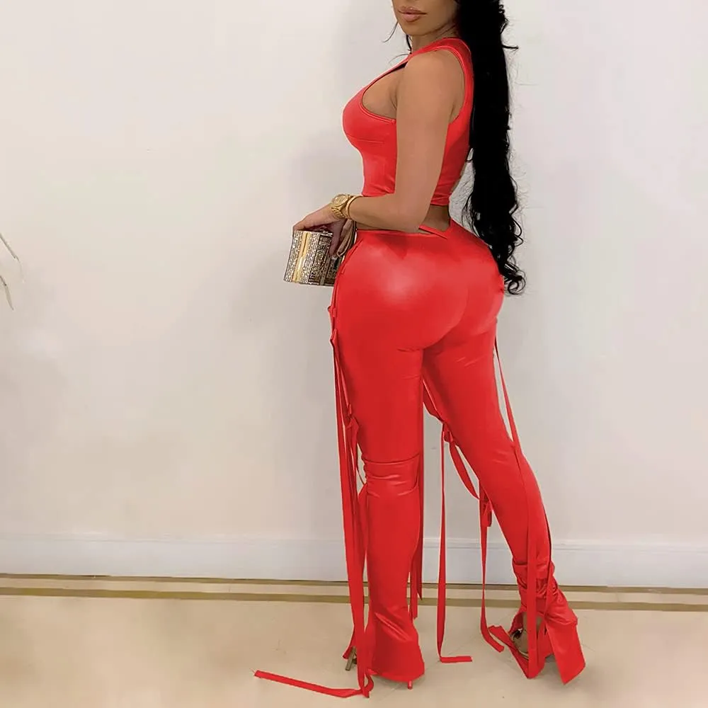 MESLIMA Women's Bandage 2 Piece Elastic Irregular Tank Top Solid Lace Up Bodycon Split Long Pant Sets Clubwear