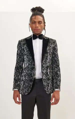 Metallic Velvet Flocking Tuxedo Jacket-  Silver