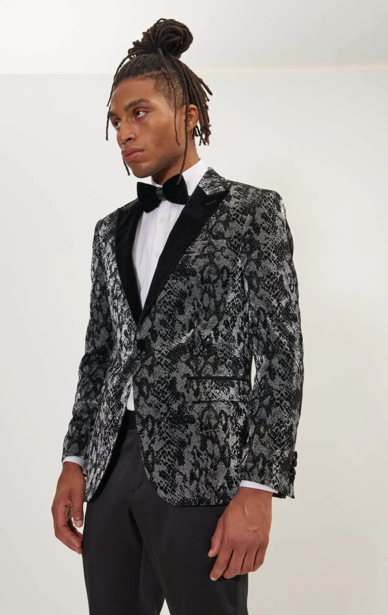 Metallic Velvet Flocking Tuxedo Jacket-  Silver