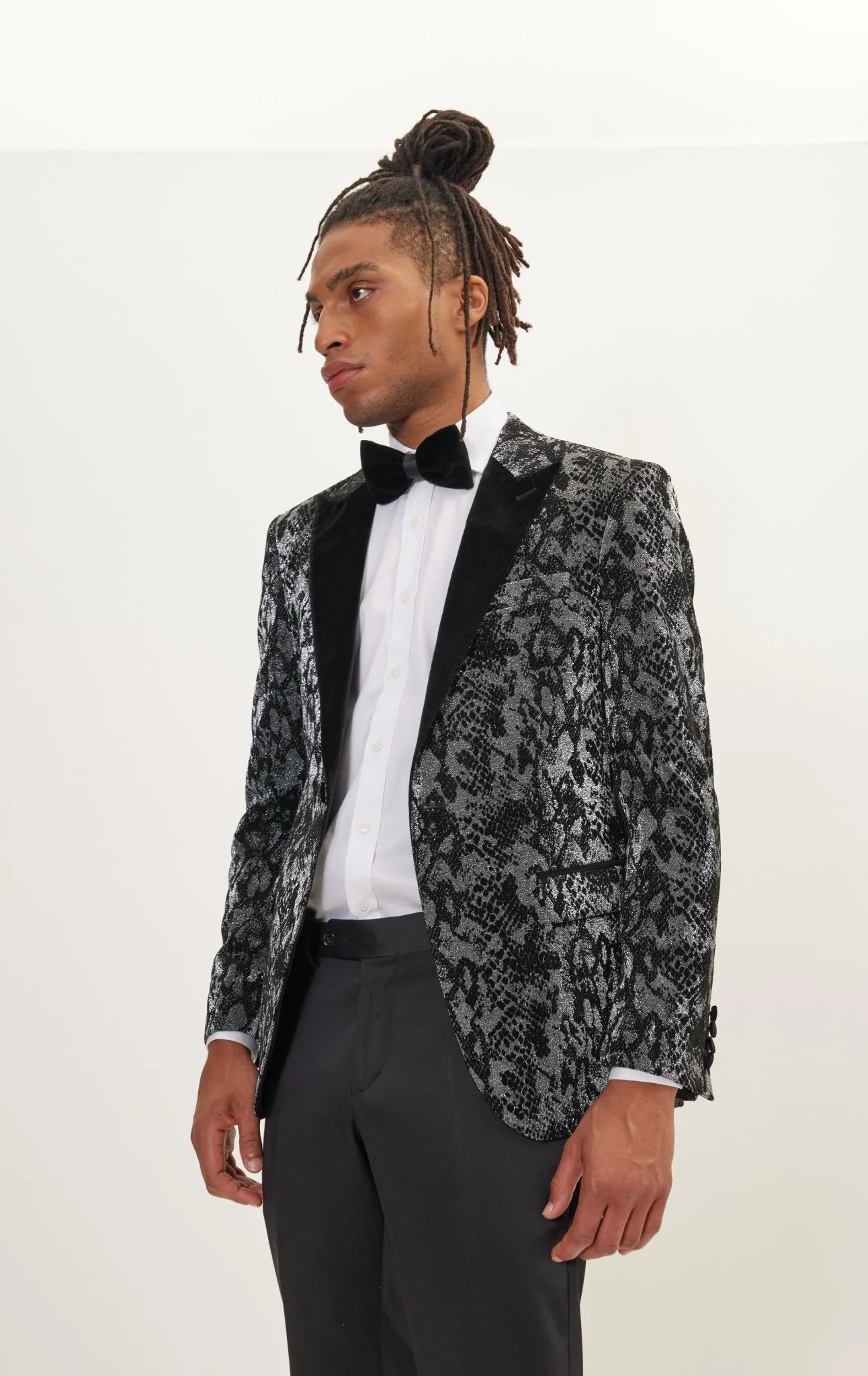 Metallic Velvet Flocking Tuxedo Jacket-  Silver