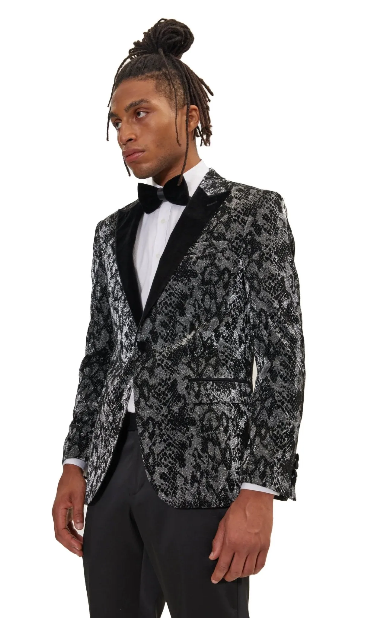 Metallic Velvet Flocking Tuxedo Jacket-  Silver