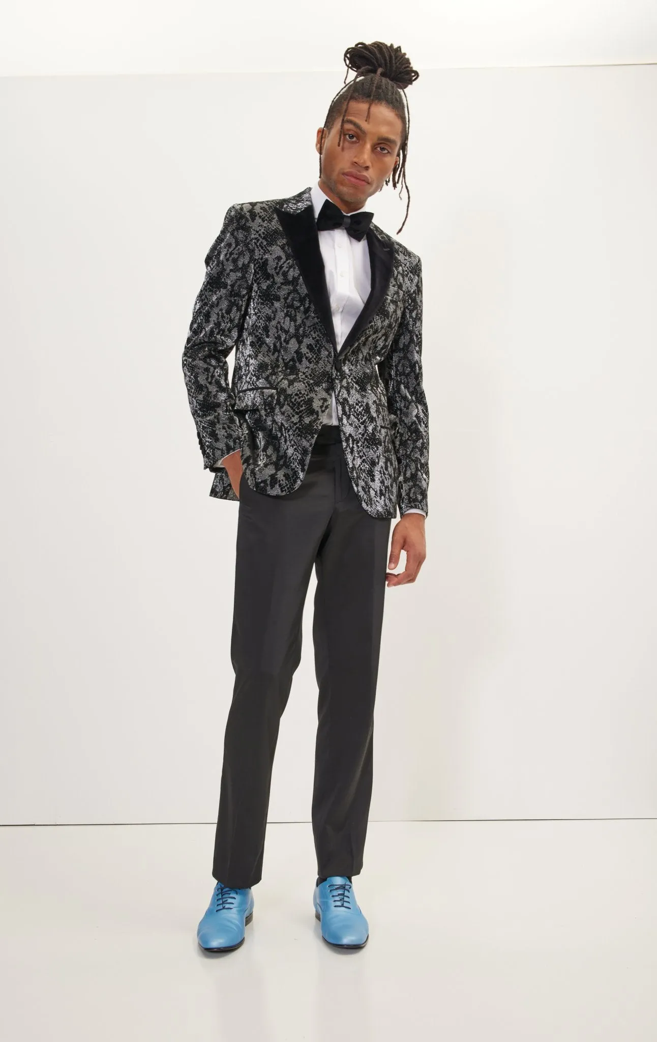 Metallic Velvet Flocking Tuxedo Jacket-  Silver