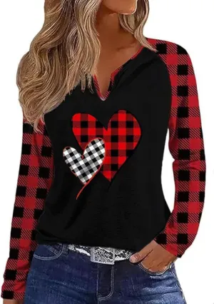 MHTOR Valentines Shirts Women Buffalo Plaid Love Heart Graphic Tees Letter Print Long Sleeve Tops Shirts