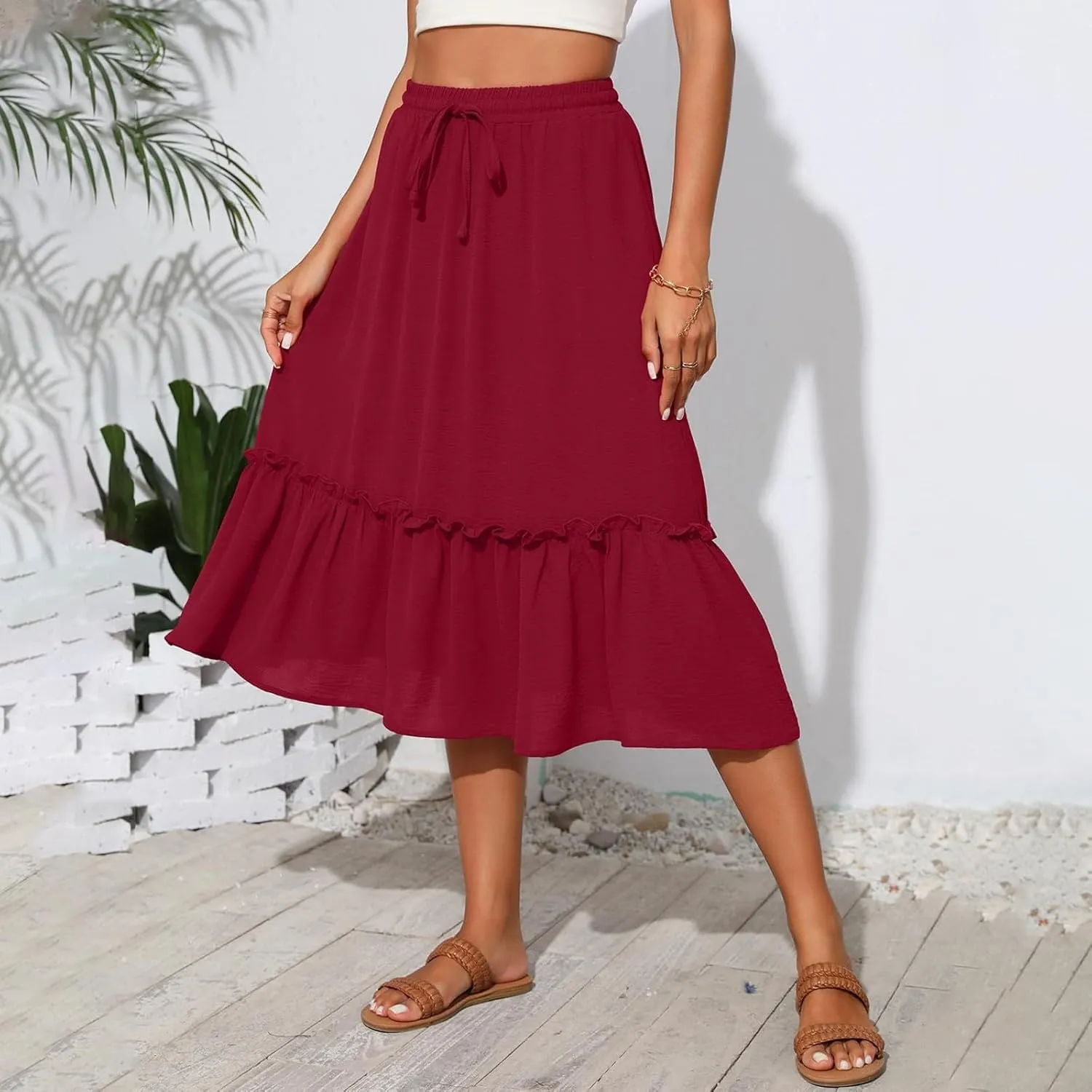 midelxp Casual Flowy Skirts for Women Drawstring High Waisted Tiered Midi Skirts Boho Swing A Line Skirts with Pockets