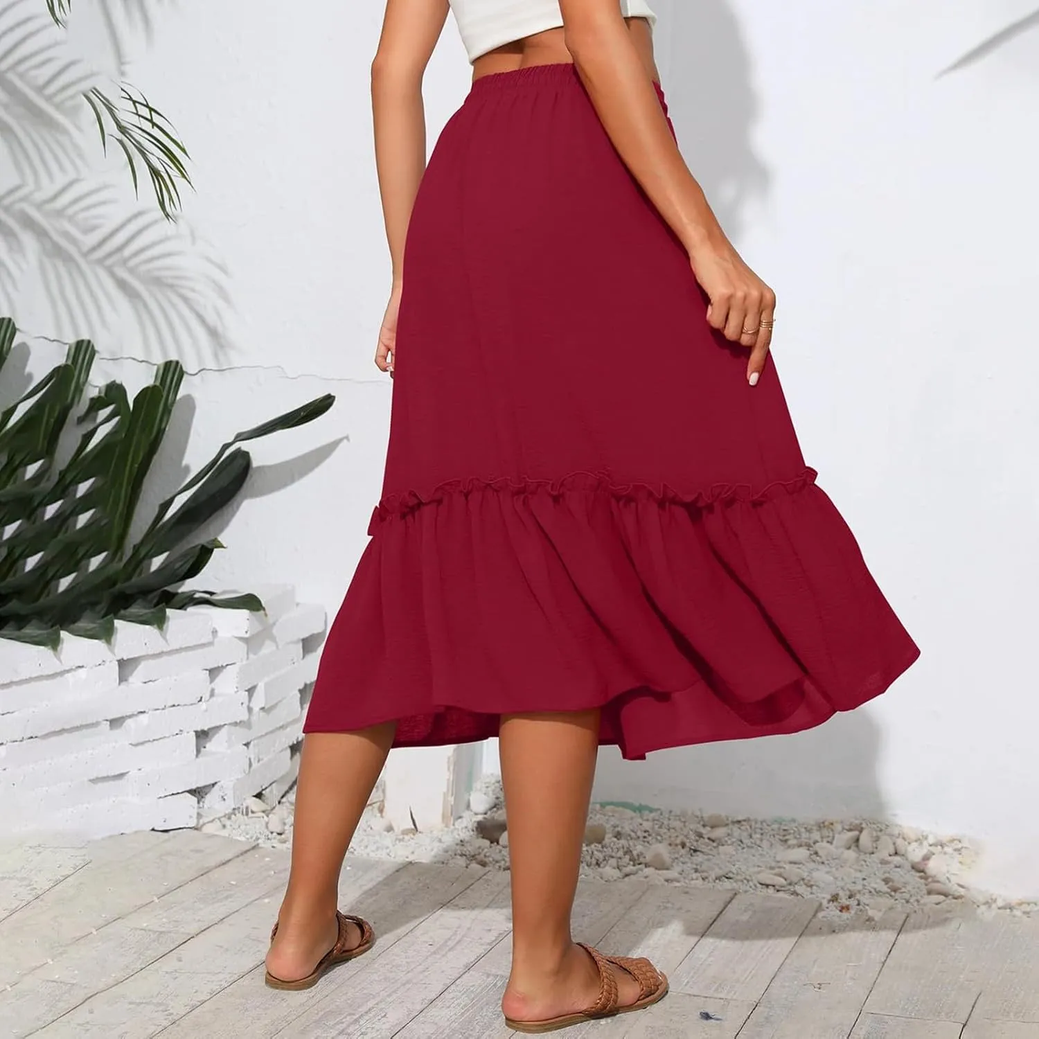 midelxp Casual Flowy Skirts for Women Drawstring High Waisted Tiered Midi Skirts Boho Swing A Line Skirts with Pockets