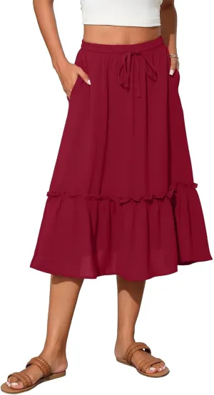 midelxp Casual Flowy Skirts for Women Drawstring High Waisted Tiered Midi Skirts Boho Swing A Line Skirts with Pockets