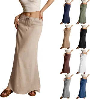 midelxp Linen Maxi Skirts for Women Trendy Summer Comfy Drawstring Waist A Line Skirts Cute Vacation Boho Long Flowy Skirts