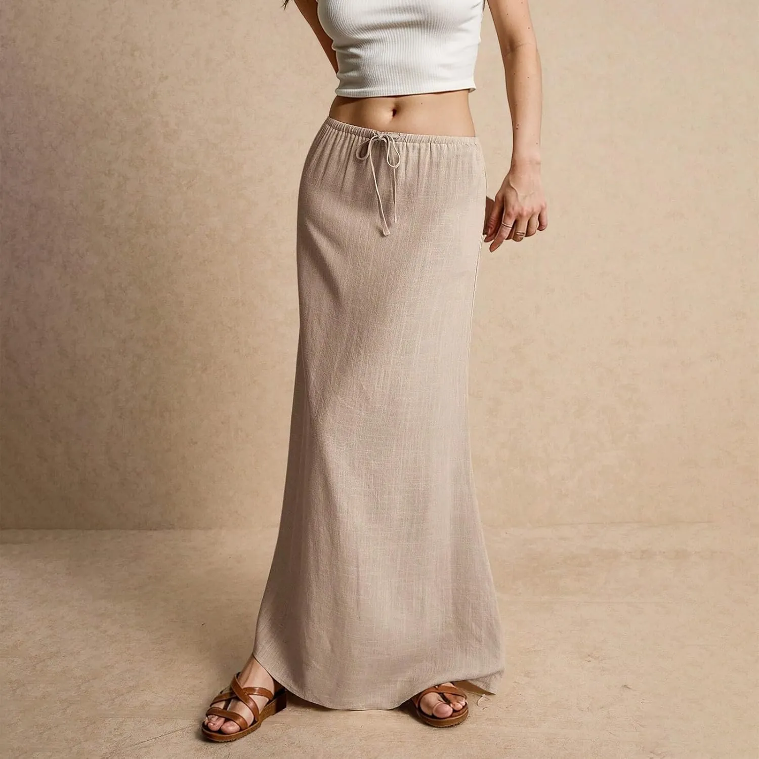 midelxp Linen Maxi Skirts for Women Trendy Summer Comfy Drawstring Waist A Line Skirts Cute Vacation Boho Long Flowy Skirts