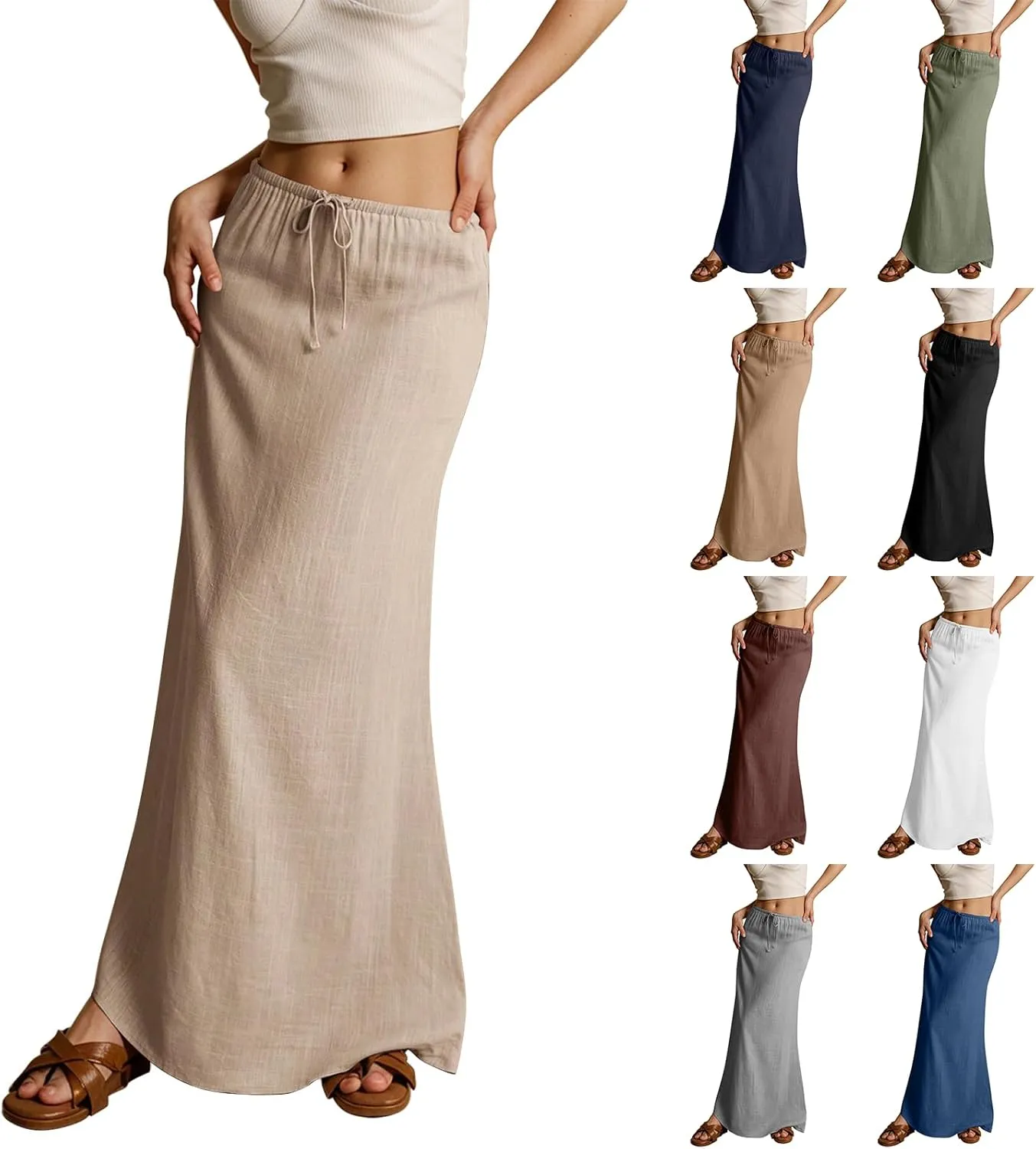 midelxp Linen Maxi Skirts for Women Trendy Summer Comfy Drawstring Waist A Line Skirts Cute Vacation Boho Long Flowy Skirts