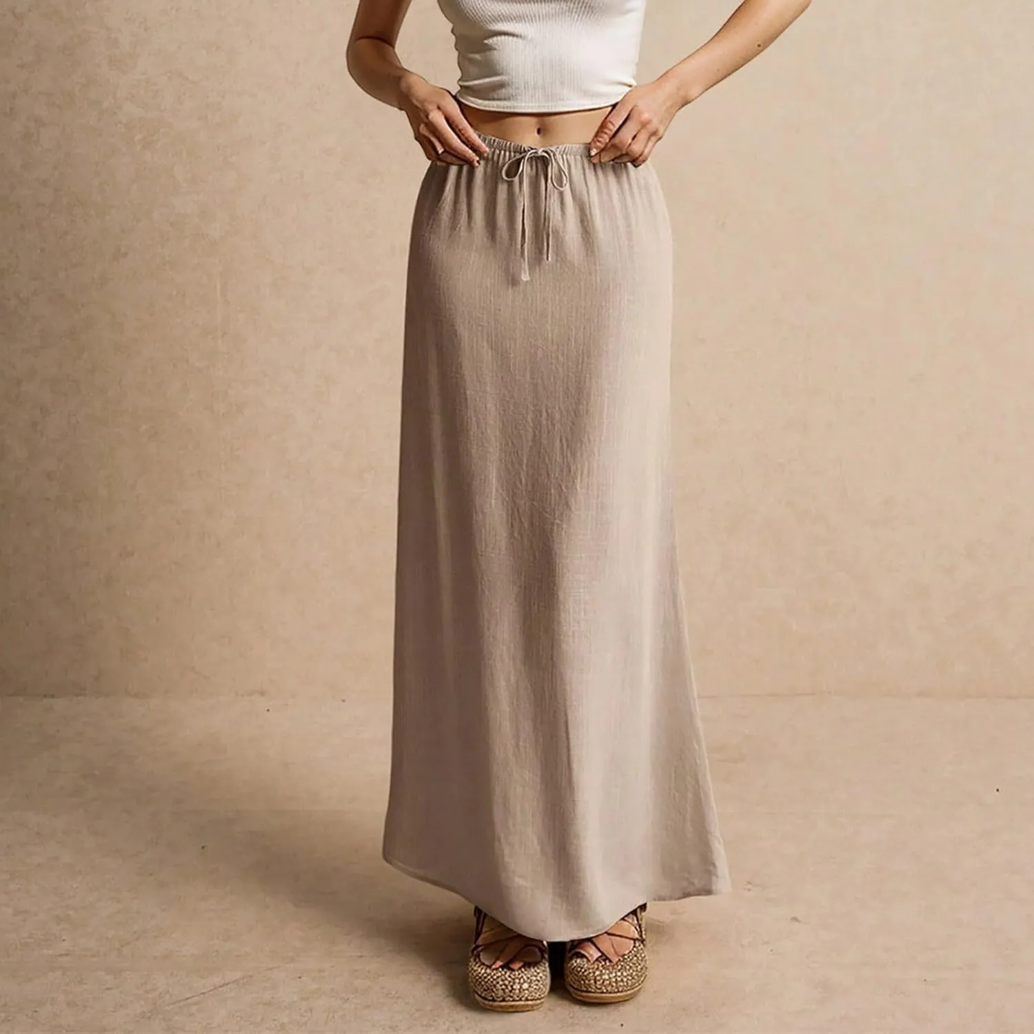 midelxp Linen Maxi Skirts for Women Trendy Summer Comfy Drawstring Waist A Line Skirts Cute Vacation Boho Long Flowy Skirts