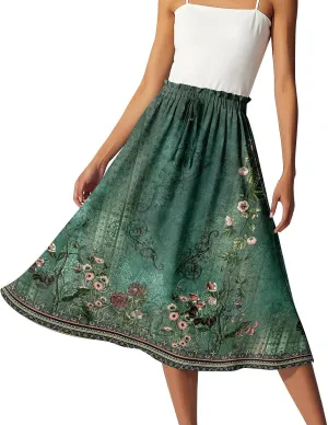 Midi Boho Floral Skirts for Women Trendy Drawstring High Elastic Waist Comfy Flowy A Line Skirt Skorts