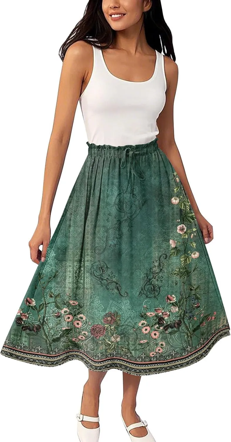 Midi Boho Floral Skirts for Women Trendy Drawstring High Elastic Waist Comfy Flowy A Line Skirt Skorts