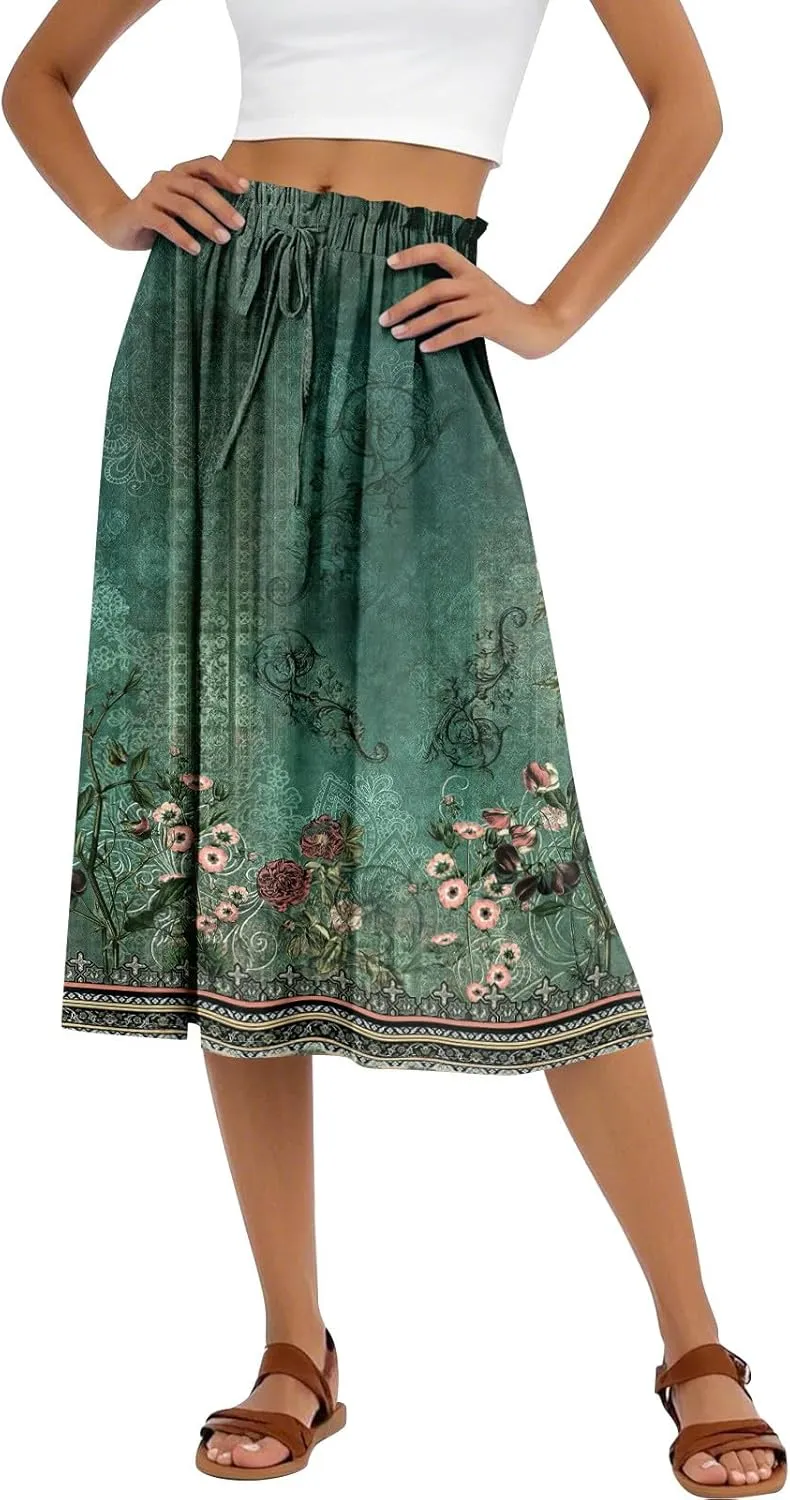 Midi Boho Floral Skirts for Women Trendy Drawstring High Elastic Waist Comfy Flowy A Line Skirt Skorts