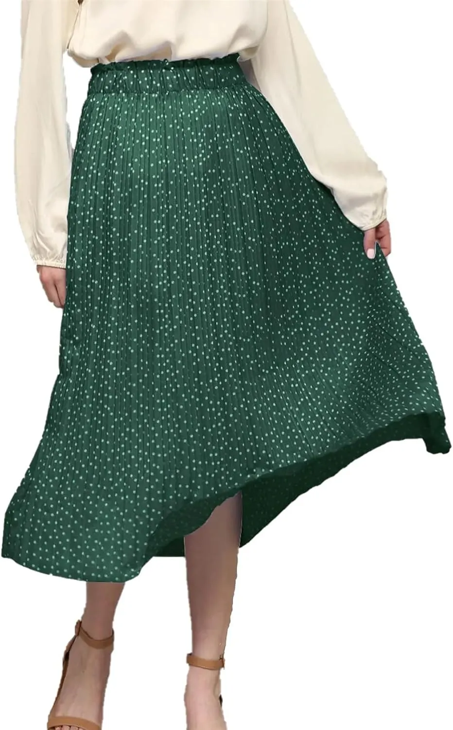 Midi Pleated Skirts for Women Polka Dot Swing High Waist Maxi Skirt with Pockets Dresses