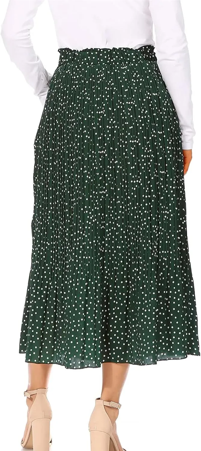 Midi Pleated Skirts for Women Polka Dot Swing High Waist Maxi Skirt with Pockets Dresses